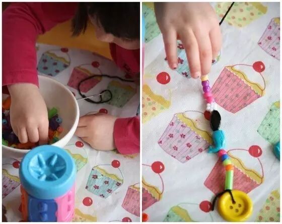 Thread beads onto thin string - the brighter the colors, the better!