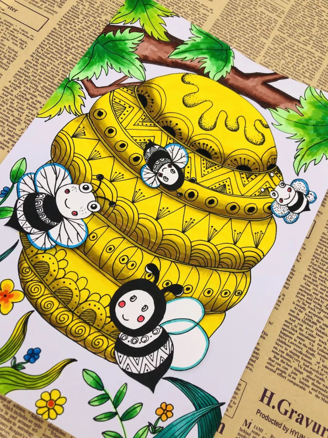 Draw small bees with a black marker and decorate them